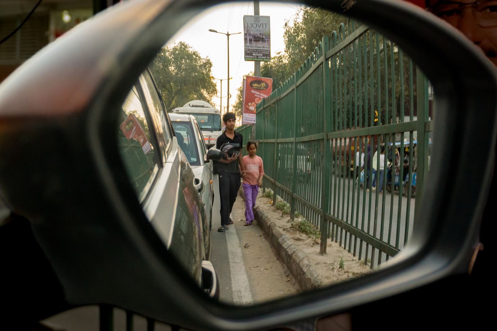 Candid Delhi Street Reflection in Side-Mirror