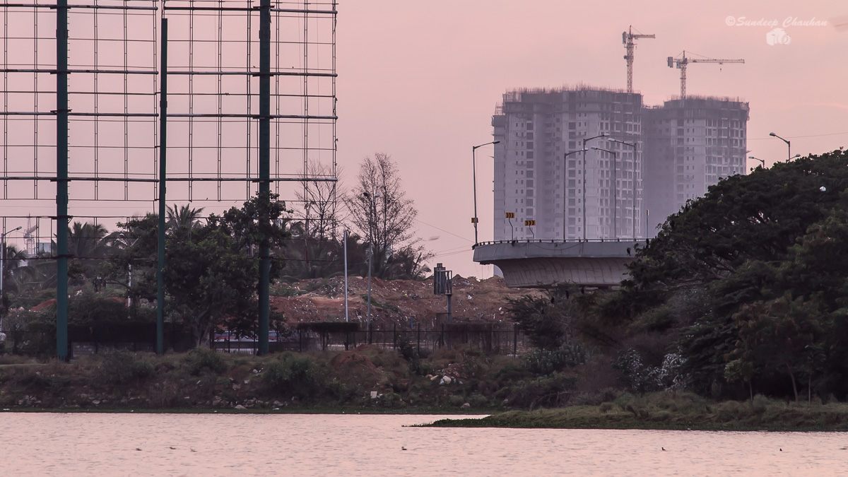 Pink dawn sky over Hebbal Lake with construction cranes and buildings