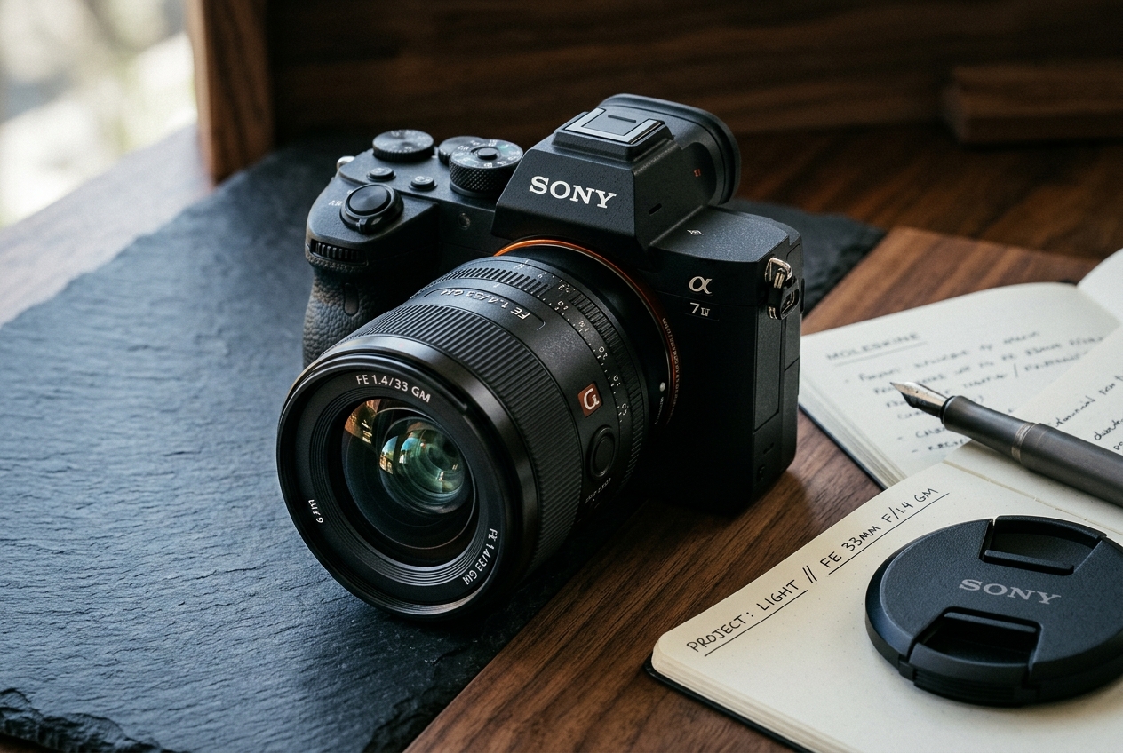 Sony Alpha mirrorless camera with 33mm prime lens on workspace