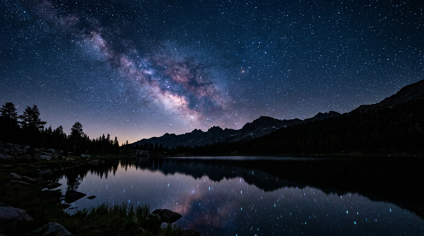 Starry night sky and Milky Way astrophotography over calm water