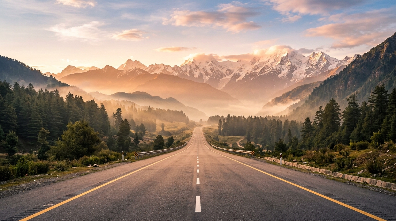 Cinematic highway stretching toward misty mountains at sunrise