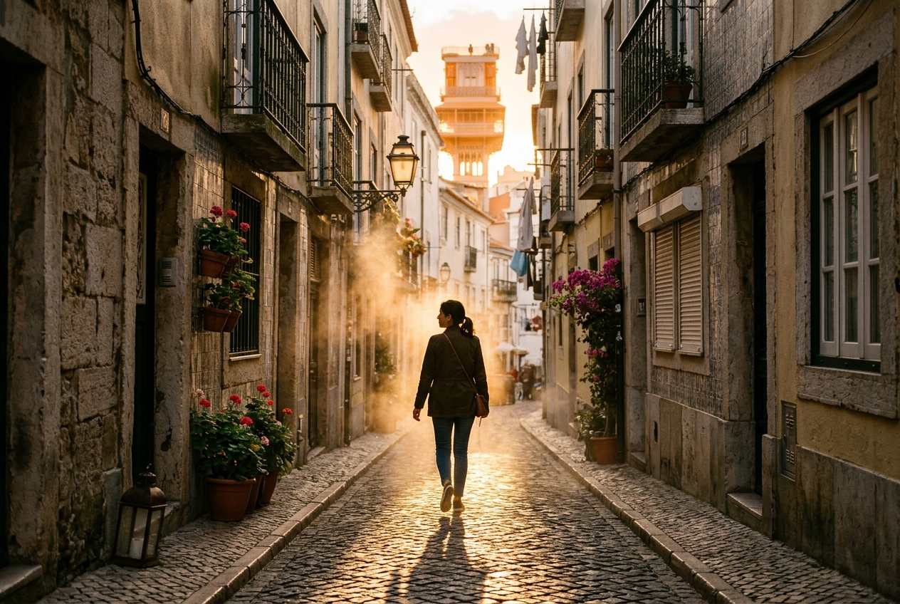 Atmospheric street photography in warm golden hour light